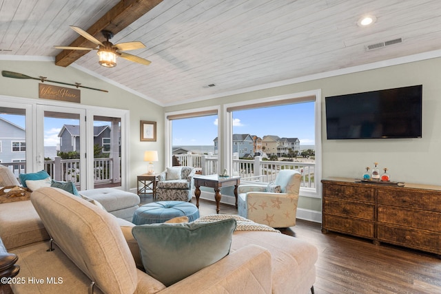 6626 W Beach Dr, Oak Island, NC 28465 - living area with wood finished floors, wooden ceiling, ceiling fan, and recessed lighting