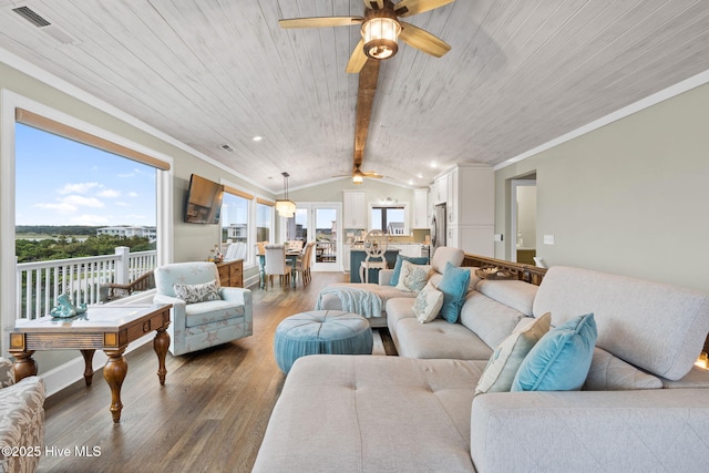 6626 W Beach Dr, Oak Island, NC 28465 - living room featuring a ceiling fan, wood finished floors, wooden ceiling, ornamental molding, and recessed lighting