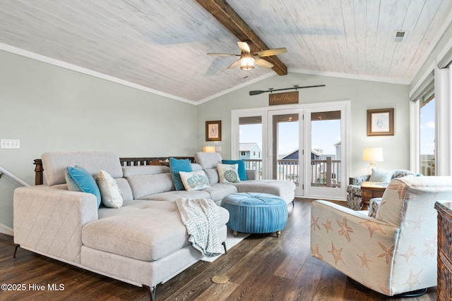 6626 W Beach Dr, Oak Island, NC 28465 - living area featuring dark wood-style flooring, a ceiling fan, and wooden ceiling