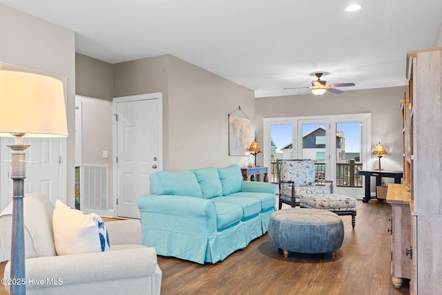 6626 W Beach Dr, Oak Island, NC 28465 - living room featuring wood finished floors, ceiling fan, and recessed lighting