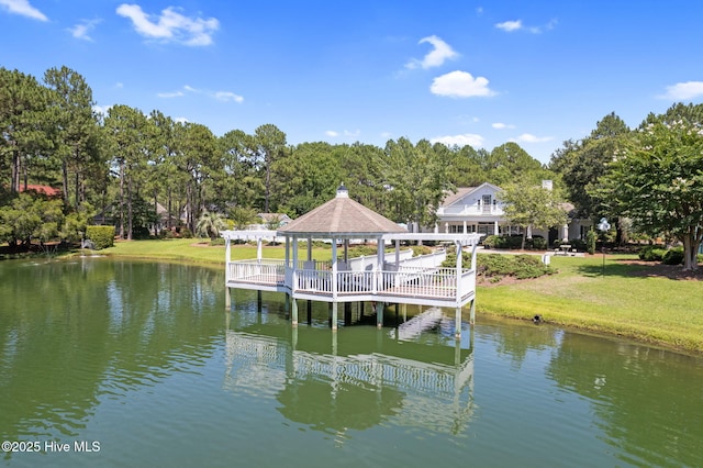 3710 Calla Lilly Ct, Southport, NC 28461 - dock area with a gazebo, a water view, and a lawn
