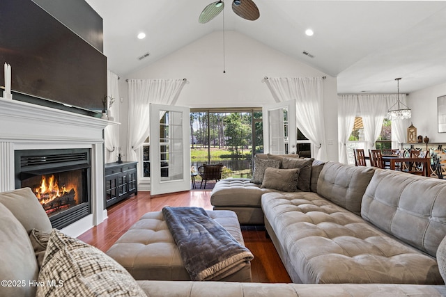 3710 Calla Lilly Ct, Southport, NC 28461 - living area featuring a ceiling fan, plenty of natural light, high vaulted ceiling, wood finished floors, and recessed lighting
