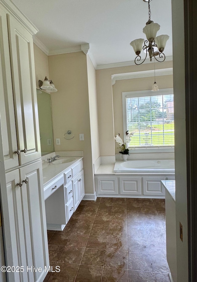 280 Green Forest Cir, Dunn, NC 28334 - full bathroom with vanity, crown molding, a garden tub, a chandelier, and tile patterned flooring