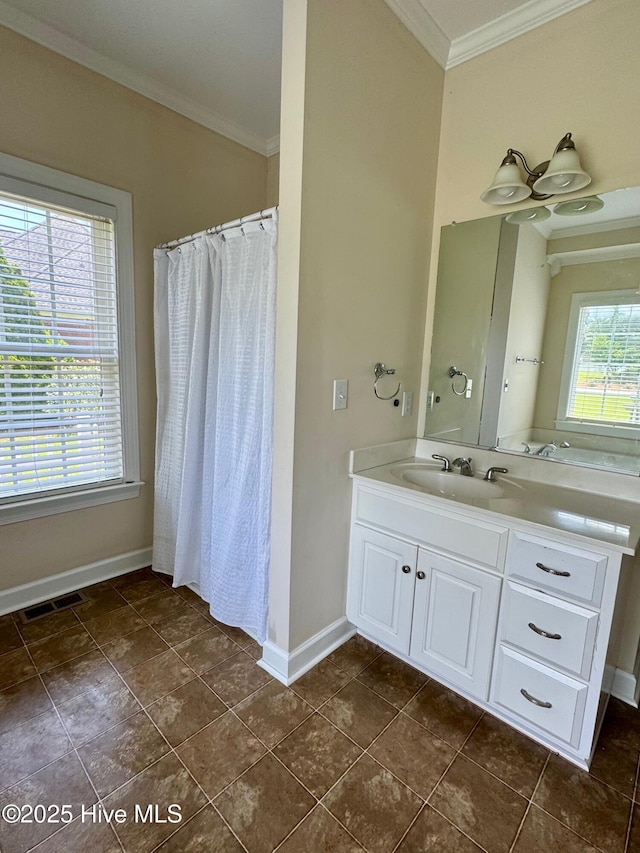 280 Green Forest Cir, Dunn, NC 28334 - full bathroom featuring crown molding, vanity, tile patterned floors, and a shower with curtain