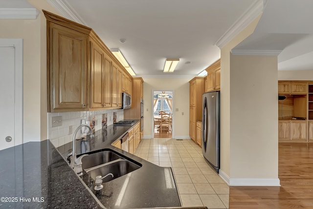 240 Drake Lndg, New Bern, NC 28560 - kitchen featuring stainless steel appliances, ornamental molding, dark stone countertops, backsplash, and light tile patterned floors