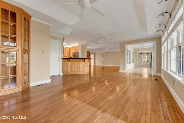 240 Drake Lndg, New Bern, NC 28560 - unfurnished living room with ceiling fan, light wood-style floors, and crown molding
