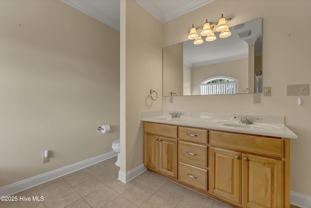 240 Drake Lndg, New Bern, NC 28560 - bathroom with ornamental molding, double vanity, tile patterned flooring, and a chandelier