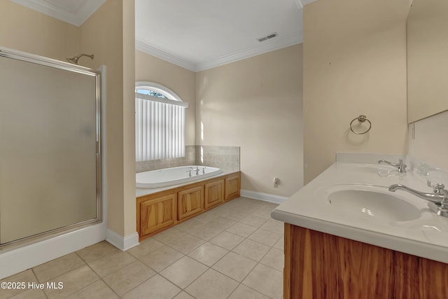 240 Drake Lndg, New Bern, NC 28560 - full bath featuring a shower stall, crown molding, a bath, tile patterned floors, and double vanity