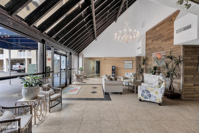 2000 New River Inlet Rd Unit 3513, North Topsail Beach, NC 28460 - lobby featuring high vaulted ceiling, wood walls, and beam ceiling