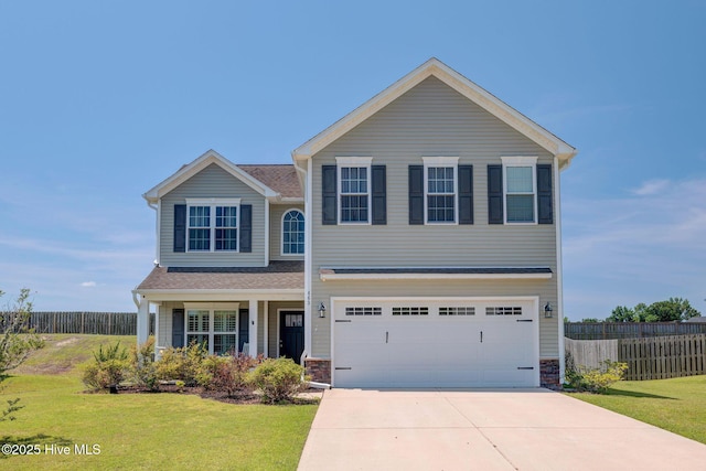463 Avendale Dr, Rocky Point, NC 28457 - view of front of house featuring driveway, a garage, stone siding, and a porch