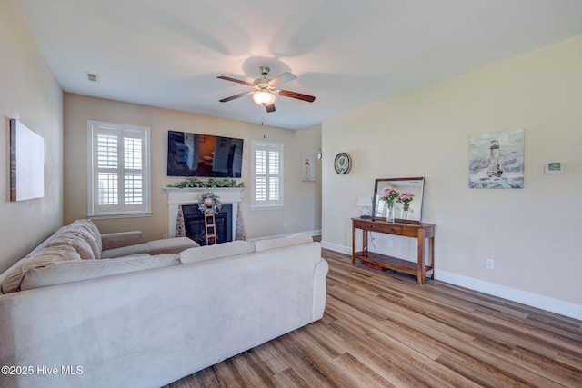 463 Avendale Dr, Rocky Point, NC 28457 - living area with a glass covered fireplace, plenty of natural light, wood finished floors, and a ceiling fan