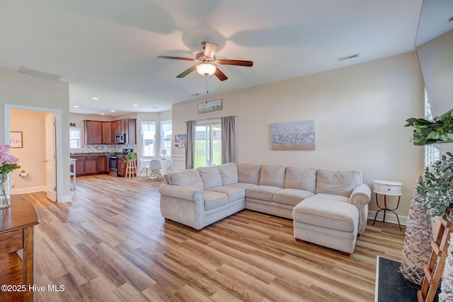 463 Avendale Dr, Rocky Point, NC 28457 - living room featuring ceiling fan, light wood finished floors, and recessed lighting