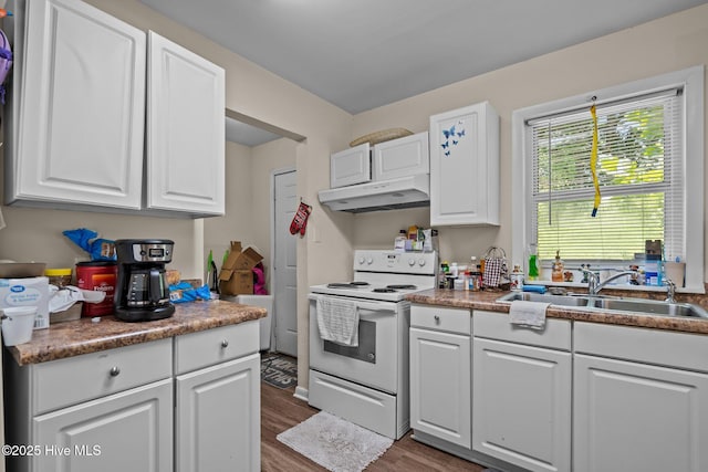 1106 E Stewart Cir, Wilmington, NC 28405 - kitchen featuring under cabinet range hood, electric range, dark wood-type flooring, and white cabinets