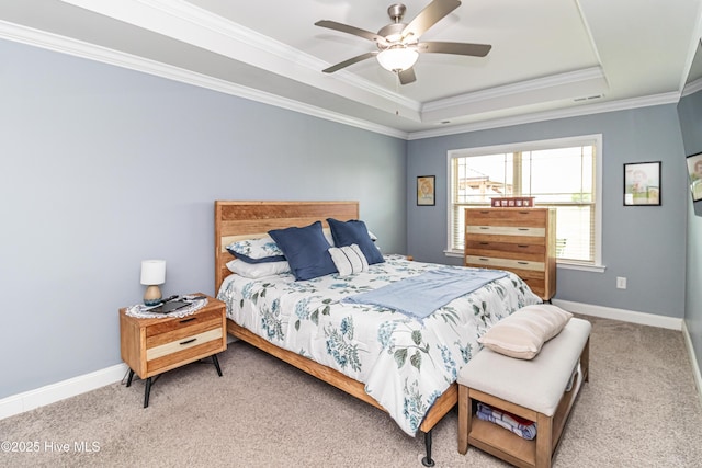 112 Mergini Dr, Pikeville, NC 27863 - bedroom featuring a raised ceiling, carpet floors, crown molding, and a ceiling fan