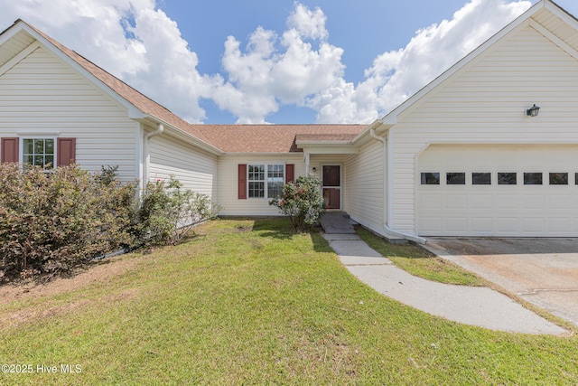6723 Newbury Way, Wilmington, NC 28411 - ranch-style home with an attached garage, a front lawn, concrete driveway, and a shingled roof