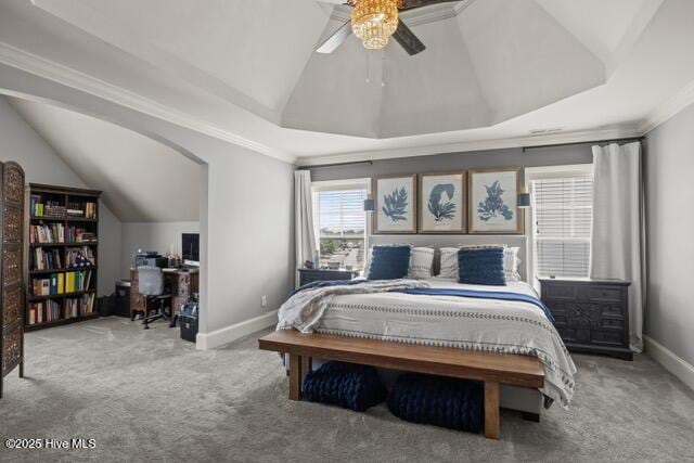 400 Lanyard Dr, Newport, NC 28570 - carpeted bedroom with vaulted ceiling, ornamental molding, an office area, and a ceiling fan