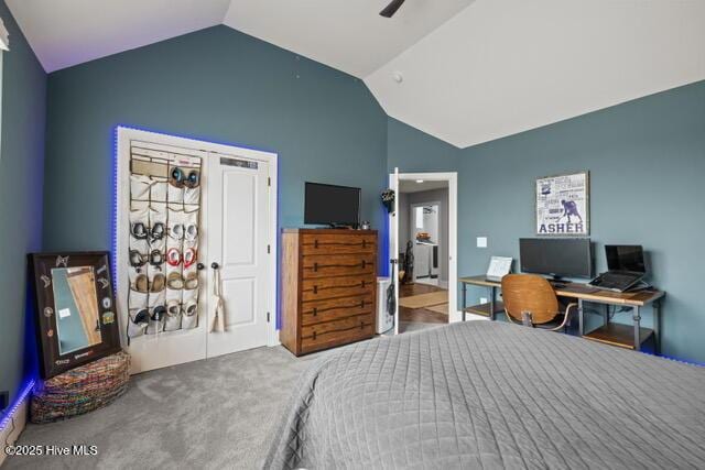 400 Lanyard Dr, Newport, NC 28570 - carpeted bedroom with vaulted ceiling and a ceiling fan