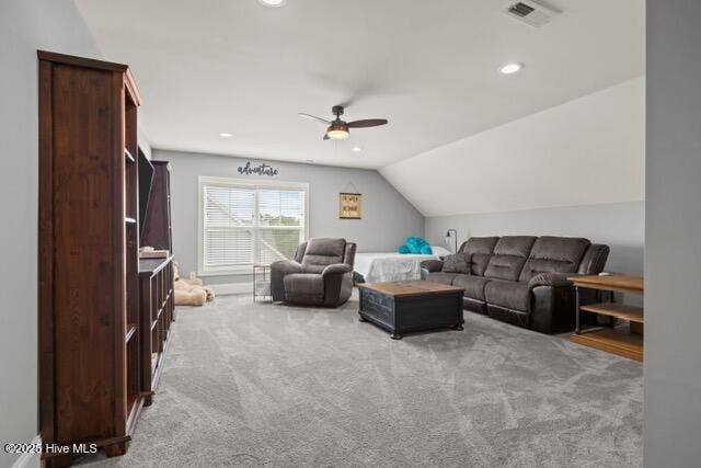 400 Lanyard Dr, Newport, NC 28570 - carpeted living area featuring ceiling fan, lofted ceiling, and recessed lighting