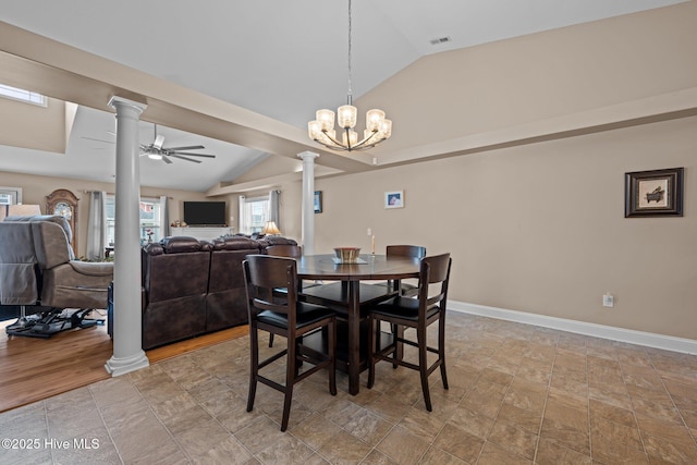 102 Bandon Dr, New Bern, NC 28562 - dining space with lofted ceiling, decorative columns, a ceiling fan, and a chandelier