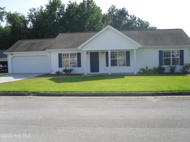 124 Pella Ln, New Bern, NC 28562 - ranch-style home featuring a garage, a front lawn, driveway, and roof with shingles