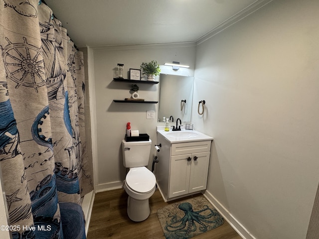 121 Cedar Point Blvd, Cedar Point, NC 28584 - full bath with crown molding, wood finished floors, vanity, and a shower with shower curtain