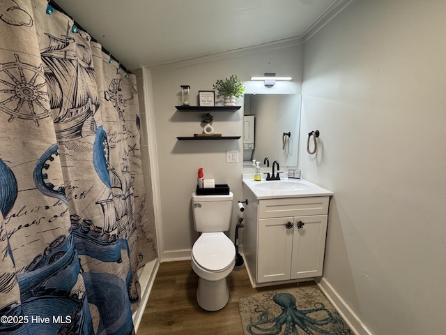 121 Cedar Point Blvd, Cedar Point, NC 28584 - bathroom with ornamental molding, wood finished floors, vanity, lofted ceiling, and a shower with shower curtain