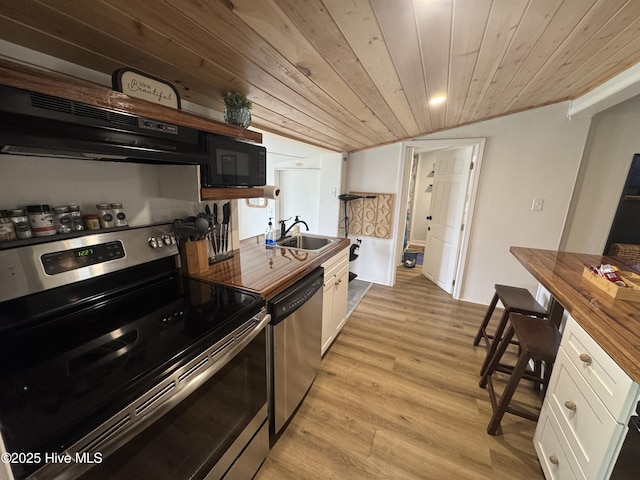 121 Cedar Point Blvd, Cedar Point, NC 28584 - kitchen featuring appliances with stainless steel finishes, butcher block countertops, white cabinets, wood ceiling, and light wood-style floors