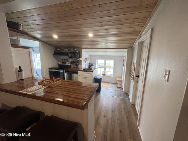 121 Cedar Point Blvd, Cedar Point, NC 28584 - kitchen featuring wood ceiling, appliances with stainless steel finishes, white cabinets, wood finished floors, and open shelves