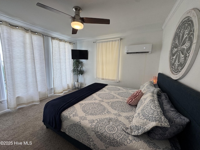 123 Cedar Point Blvd, Cedar Point, NC 28584 - carpeted bedroom featuring a wall unit AC, ornamental molding, and a ceiling fan