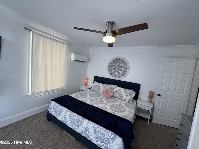 123 Cedar Point Blvd, Cedar Point, NC 28584 - carpeted bedroom featuring a wall unit AC, crown molding, and a ceiling fan