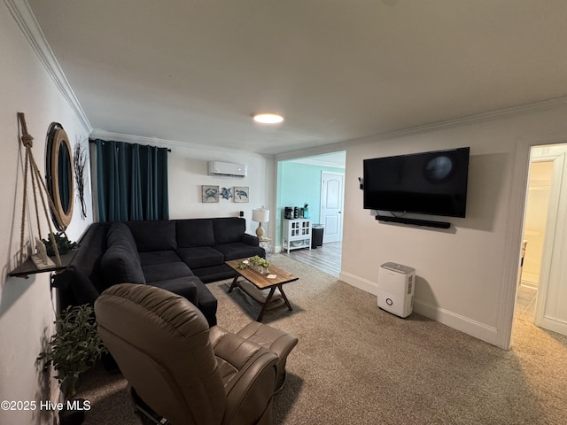 123 Cedar Point Blvd, Cedar Point, NC 28584 - carpeted living area featuring ornamental molding and an AC wall unit