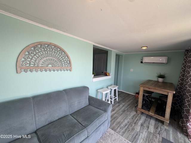 123 Cedar Point Blvd, Cedar Point, NC 28584 - living room featuring a wall mounted AC, wood finished floors, and crown molding