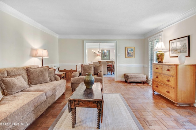 3509 Lakeview Trl, Kinston, NC 28504 - living area featuring ornamental molding and a chandelier