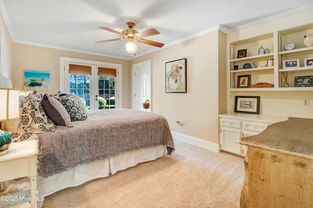 3509 Lakeview Trl, Kinston, NC 28504 - bedroom with access to exterior, crown molding, light colored carpet, a ceiling fan, and french doors