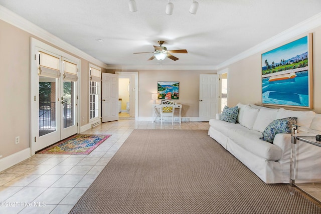 3509 Lakeview Trl, Kinston, NC 28504 - living room with light tile patterned flooring, crown molding, french doors, and ceiling fan