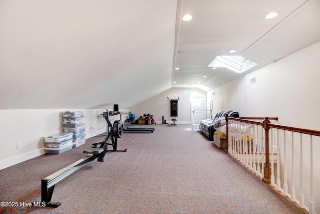 3509 Lakeview Trl, Kinston, NC 28504 - workout room featuring a skylight, vaulted ceiling, recessed lighting, and carpet flooring