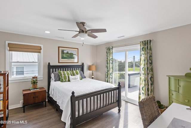 15 Coral Dr, Wrightsville Beach, NC 28480 - bedroom featuring access to exterior, wood finished floors, crown molding, a ceiling fan, and recessed lighting