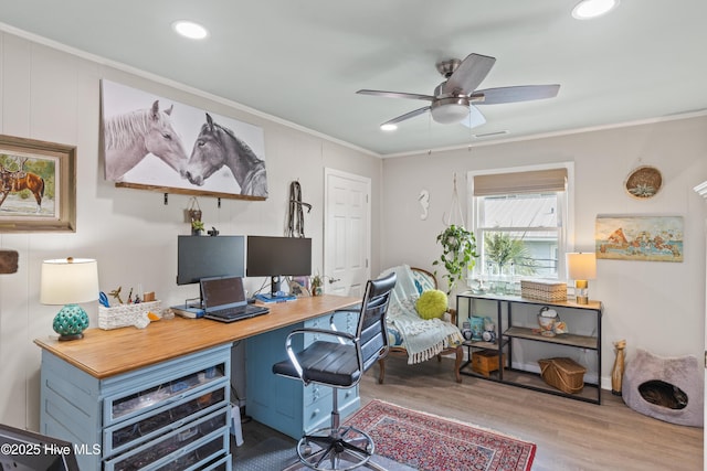 15 Coral Dr, Wrightsville Beach, NC 28480 - office area with ornamental molding, wood finished floors, recessed lighting, and a ceiling fan
