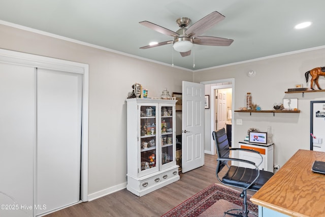 15 Coral Dr, Wrightsville Beach, NC 28480 - office featuring wood finished floors, ceiling fan, crown molding, and recessed lighting