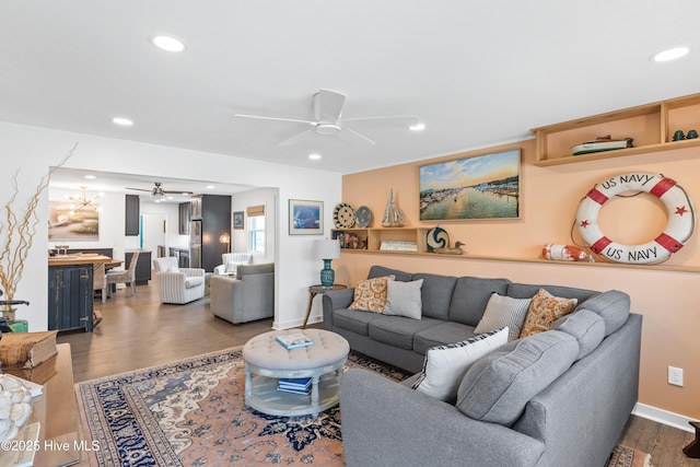 15 Coral Dr, Wrightsville Beach, NC 28480 - living room featuring ceiling fan, recessed lighting, and wood finished floors