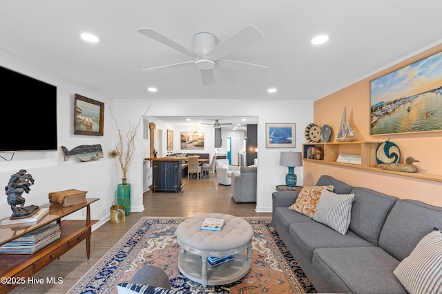 15 Coral Dr, Wrightsville Beach, NC 28480 - living area featuring a ceiling fan, wood finished floors, and recessed lighting