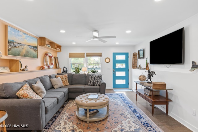 15 Coral Dr, Wrightsville Beach, NC 28480 - living room with a ceiling fan, wood finished floors, and recessed lighting
