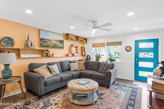 15 Coral Dr, Wrightsville Beach, NC 28480 - living room with recessed lighting, wood finished floors, and ceiling fan