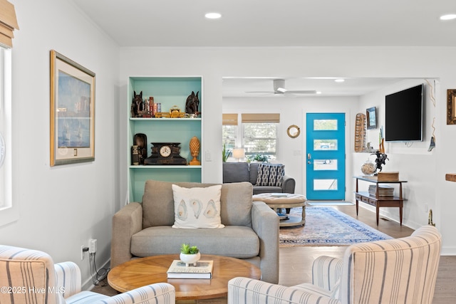 15 Coral Dr, Wrightsville Beach, NC 28480 - living room with wood finished floors, ceiling fan, and recessed lighting