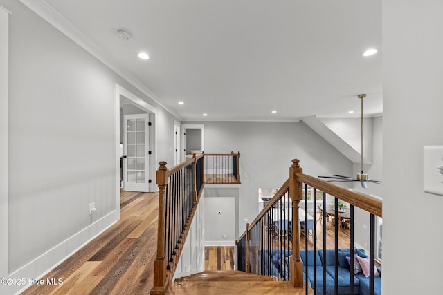 28 Kahkwa Trl, Pinehurst, NC 28374 - corridor featuring an upstairs landing, wood finished floors, recessed lighting, and crown molding