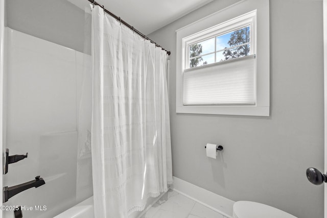 28 Kahkwa Trl, Pinehurst, NC 28374 - bathroom featuring marble look tile flooring and shower / tub combo with curtain