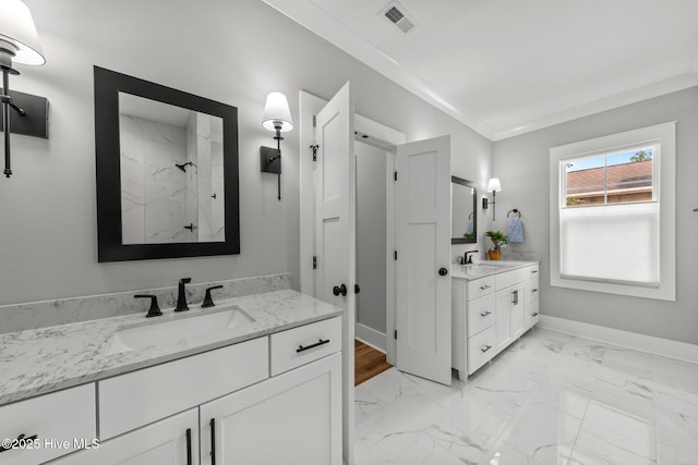 28 Kahkwa Trl, Pinehurst, NC 28374 - bathroom with two vanities, a marble finish shower, marble look tiles, and ornamental molding