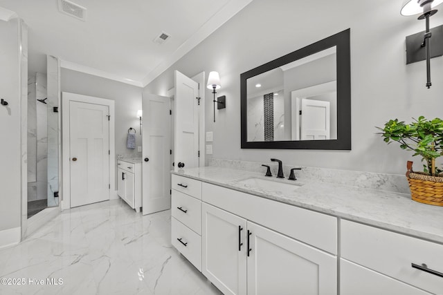 28 Kahkwa Trl, Pinehurst, NC 28374 - bathroom with marble look tiles, a marble finish shower, vanity, and ornamental molding