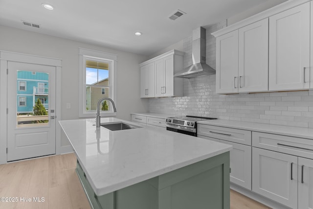207 Spartanburg Ave Unit 1 & 2, Carolina Beach, NC 28428 - kitchen with wall chimney exhaust hood, stainless steel electric range oven, a center island with sink, tasteful backsplash, and light wood-style flooring