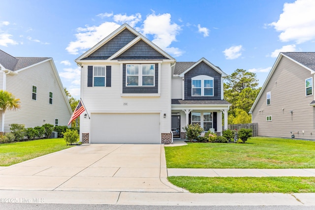 2526 Longleaf Pine Cir, Leland, NC 28451 - craftsman-style home featuring concrete driveway, brick siding, a garage, a porch, and a front lawn